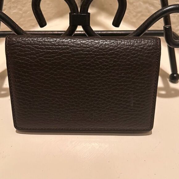 Burberry Unisex Bifold Card Case Coin Pouch Brown Pebbled Leather Minimalist - Picture 1 of 12